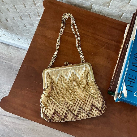 Vintage 60s 70s Fine Art Ornately Hand Beaded Gold Ombré Chain Strap Formal Bag - Picture 9 of 14
